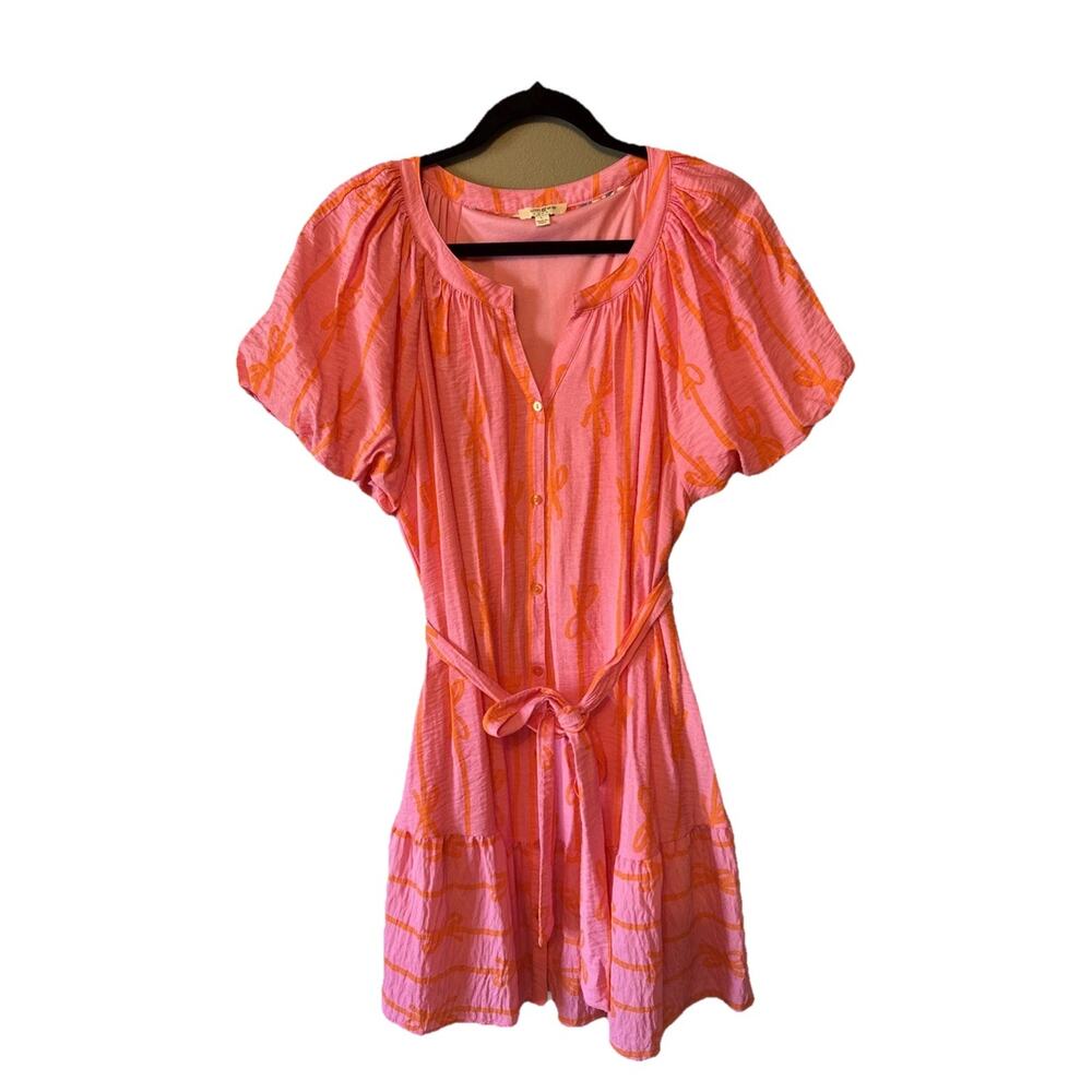 Umgee Large Pink Bow Print Ruffle Sleeve Tiered Casual Dress Womens Summer Flowy